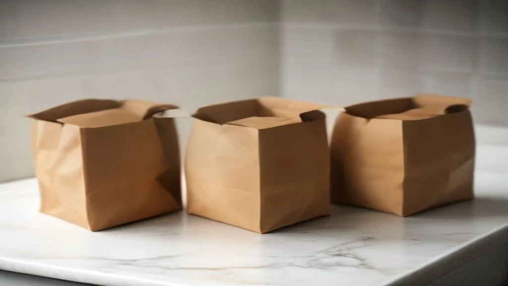 Three open paper bags standing in a row on a counter, standing for three keyword clusters each holding its own group of terms